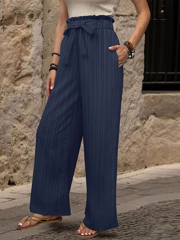 Elasticity Pleated Solid Color Tied Waist High Waisted Loose Trousers Pants
