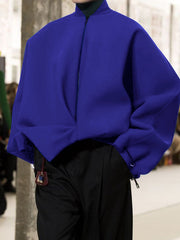 Asymmetric Split-Joint Zipper Loose Puff Sleeves Stand Collar Outerwear