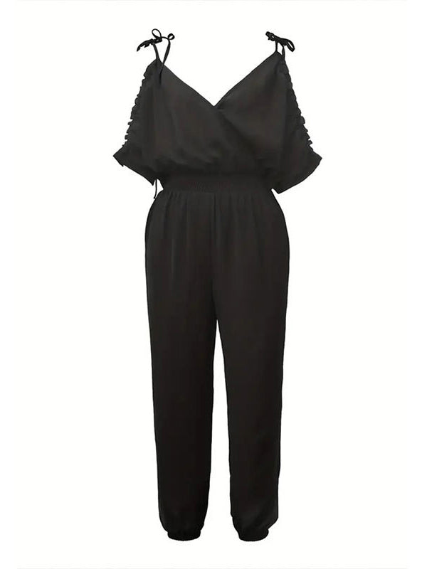Elasticity Pleated Solid Color Tied High Waisted Sleeveless Cold Shoulder Jumpsuits