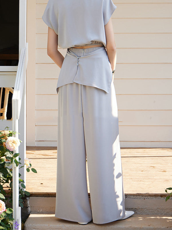 Elasticity Pleated Solid Color High Waisted Wide Leg Trousers Pants