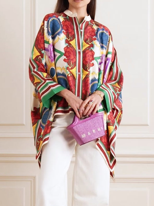 Buttoned Flower Print Batwing Sleeves High-Low Stand Collar Blouses&Shirts Tops