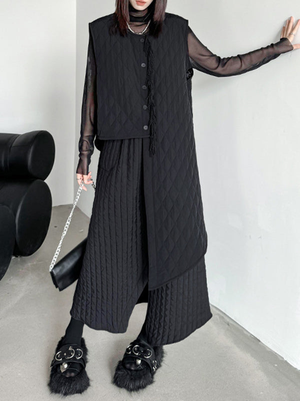 Asymmetric Buttoned Quilted Solid Color Tasseled Loose Sleeveless U-neck Padded Vest