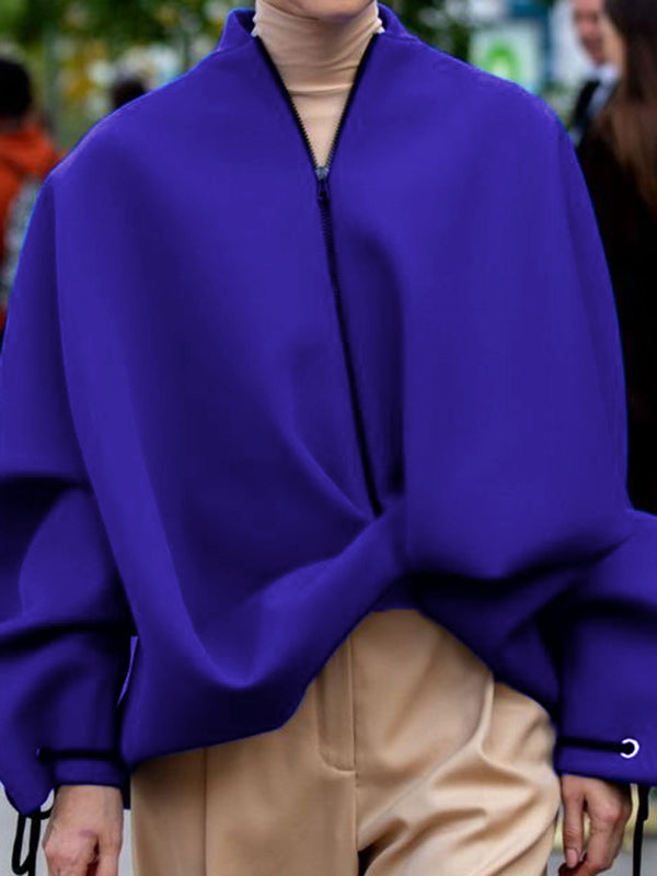 Asymmetric Split-Joint Zipper Loose Puff Sleeves Stand Collar Outerwear