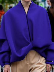 Asymmetric Split-Joint Zipper Loose Puff Sleeves Stand Collar Outerwear