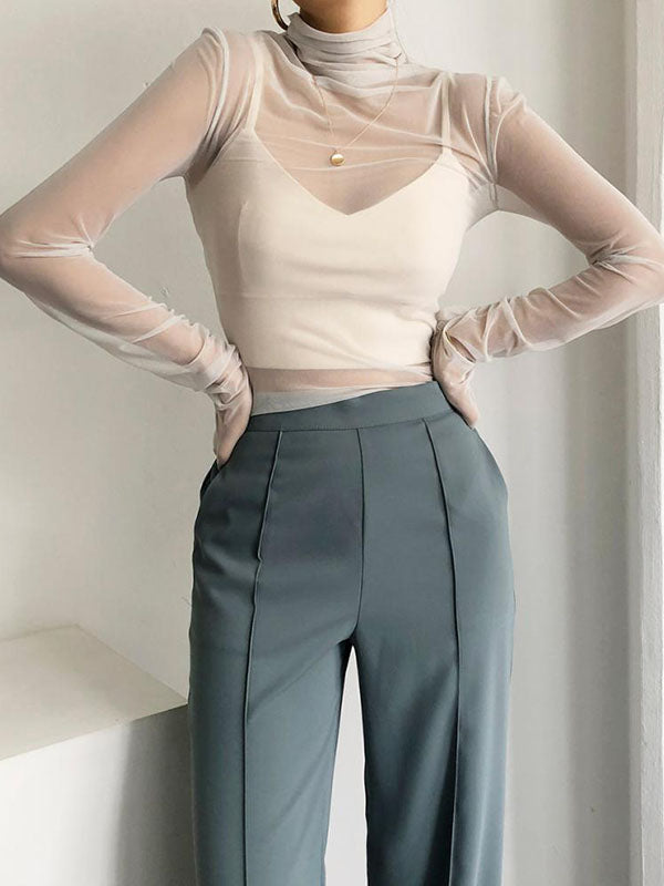 Gauze See-Through Solid Color Long Sleeves Skinny High Neck T-Shirts