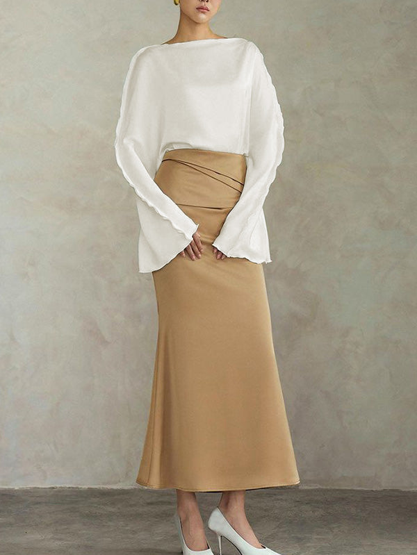 Solid Color Split-Joint Tied Flared Sleeves Long Sleeves Round-neck T-Shirts Tops