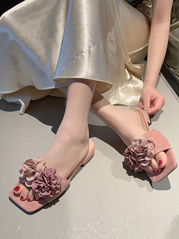 Flower Shape Open Toe Split-Joint Square-Toe Slippers&Mules