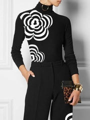 Long Sleeves Skinny Flower Print High Neck T-Shirts Tops