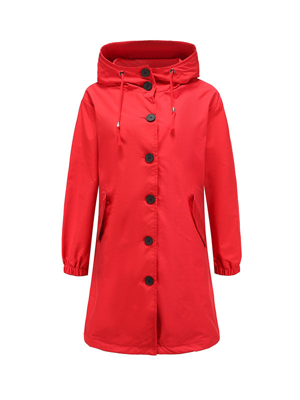 Buttoned Drawstring Elasticity Hooded Pockets Split-Back Waterproof Long Sleeves Loose High-Neck Trench Coats