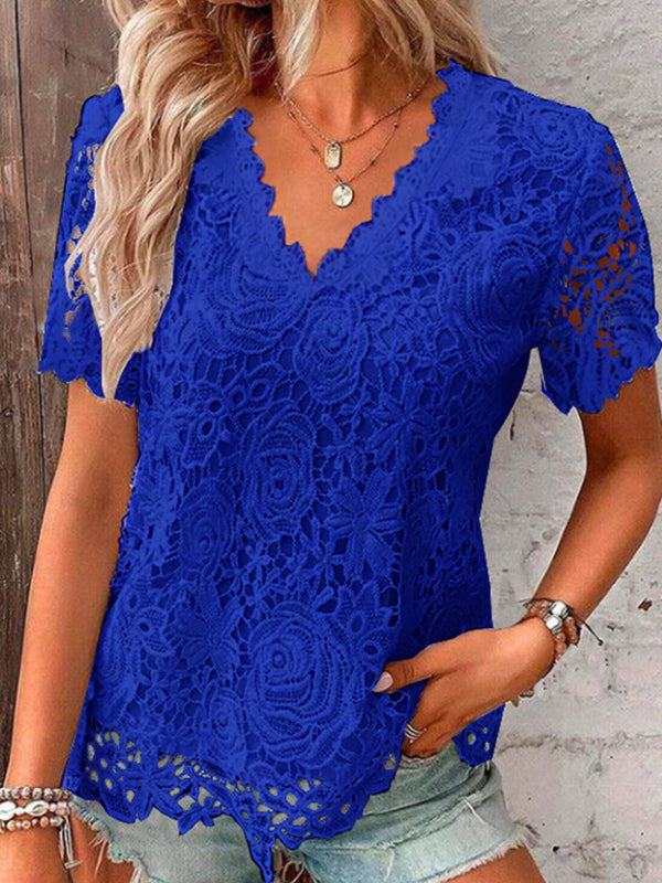 Embroidered Hollow Solid Color Split-Joint Loose Plus Size V-Neck T-Shirts Tops