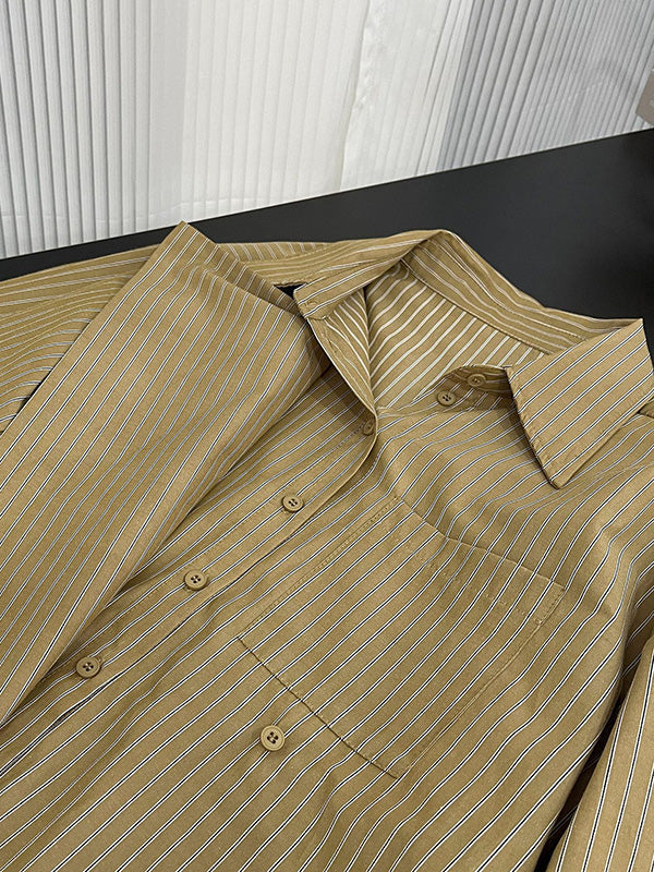 Asymmetric Split-Joint Striped Long Sleeves Loose Lapel Blouses