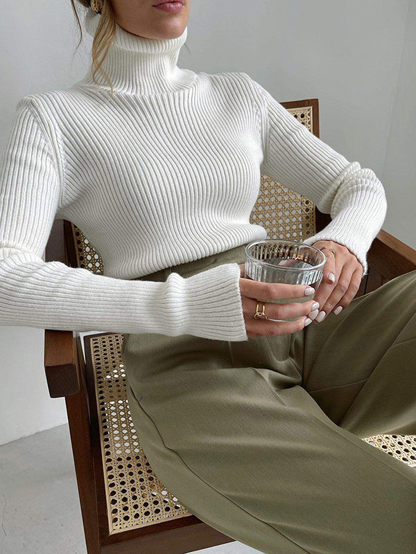 Long Sleeves Skinny Solid Color High Neck Pullovers Sweater Sweater Tops