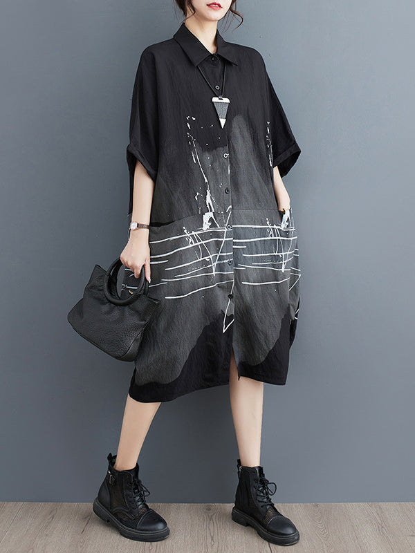 Printed Half Sleeves Loose Lapel Midi Dresses