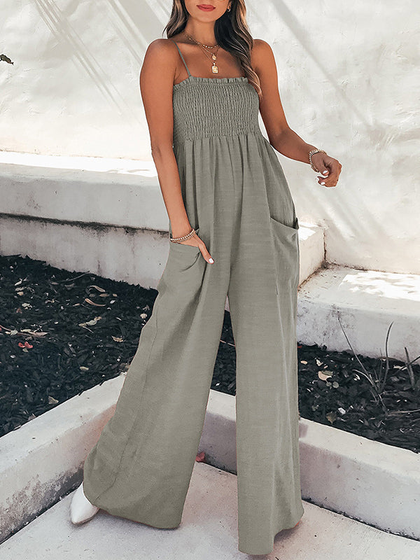 Elasticity Pleated Pockets Split-Joint High Waisted Loose Spaghetti-Neck Jumpsuits