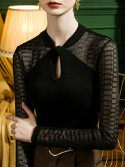 Hollow Jacquard Solid Color Split-Joint Long Sleeves Plus Size Round-Neck T-Shirts Tops