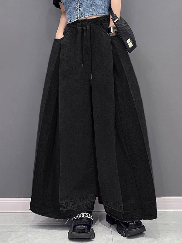 Contrast Color Drawstring Fringed Pockets Loose Wide Leg Jean Pants Bottoms