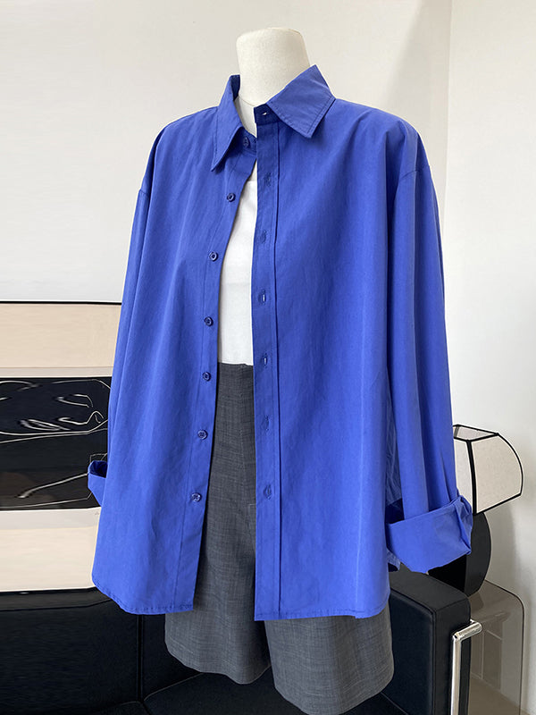 Simple Loose Long Sleeves Buttoned Solid Color Lapel Collar Blouses&Shirts Tops