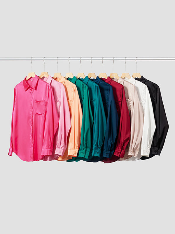 Urban Simple Long Sleeves Solid Color Lapel Blouses Top