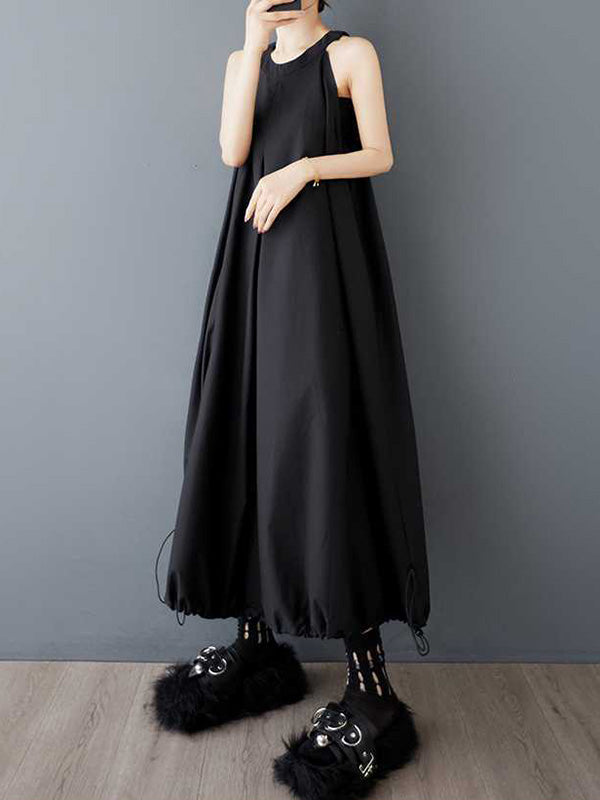 Drawstring Pleated Pockets Solid Color Zipper A-Line Loose Spaghetti-Neck Midi Dresses