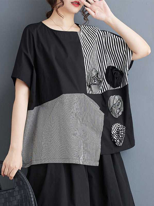 Asymmetric Split-Front Split-Joint Striped Three-Dimensional Flower Loose Short Sleeves Round-Neck T-Shirts Tops
