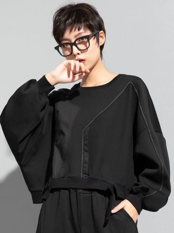 Batwing Sleeves Irregularity Solid Color Round-Neck Sweatshirt Tops