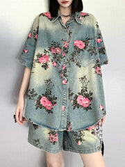 Floral Printed Split-Joint High-Low Loose Lapel Blouses&Shirts Tops