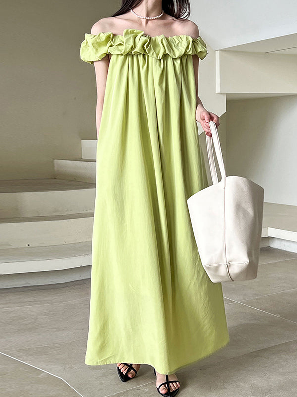Elasticity Pleated Solid Color Split-Joint Loose Sleeveless Off-The-Shoulder Maxi Dresses