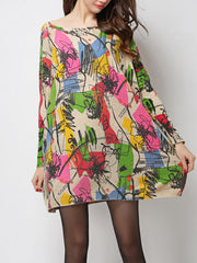 Printed Split-Joint Long Sleeves Loose Round-Neck Sweater Tops