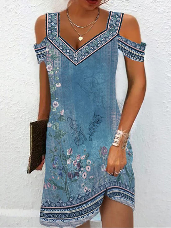 Flower Print Hollow A-Line High Waisted Cold Shoulder Mini Dresses