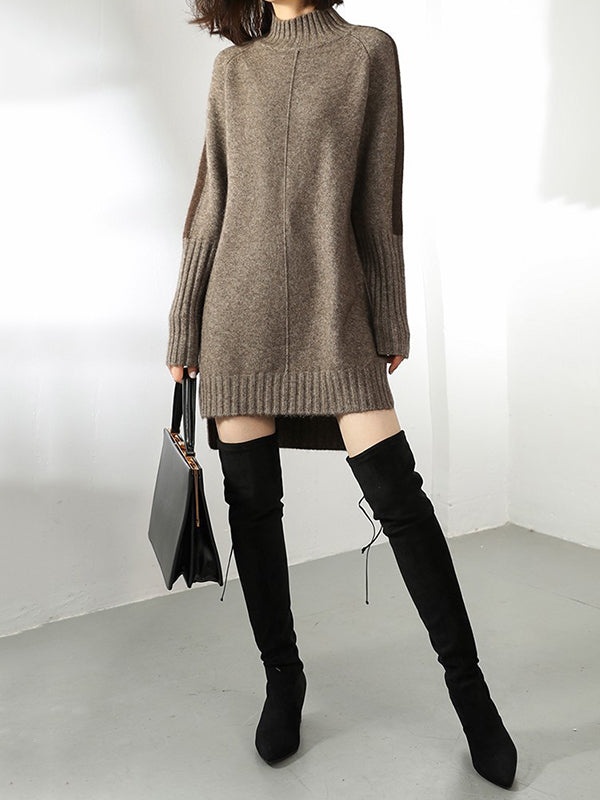 Loose Long Sleeves Contrast Color Half Turtleneck Sweater Dresses