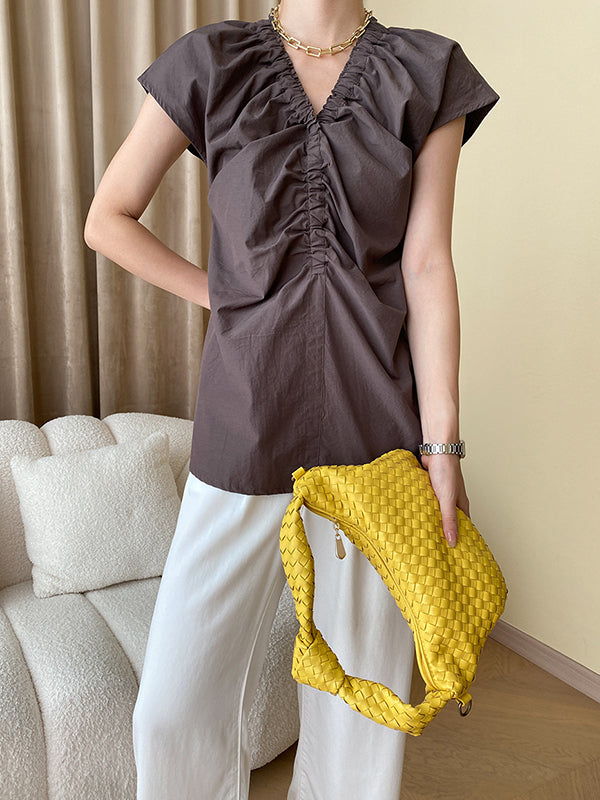 Elasticity Pleated Solid Color Split-Joint Flying Sleeves V-Neck Blouses&Shirts Tops