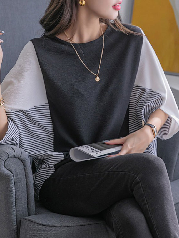 Contrast Color Split-Joint Batwing Sleeves Loose Round-Neck T-Shirts Tops