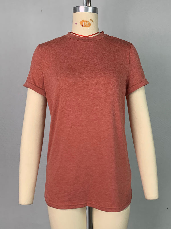 Solid Color Short Sleeves Round-neck T-Shirts Tops