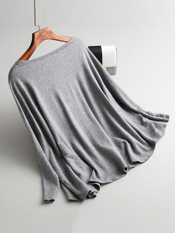 Solid Color Batwing Sleeves High-Low Boat Neck Sweater Pullovers Knitwear