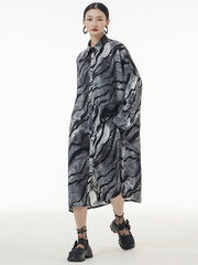 Original Creation Long Sleeves Buttoned Printed Lapel Midi Dresses