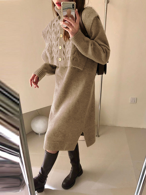 Original Stylish Buttoned Shawl High-Neck Long Sleeves Sweater Dress