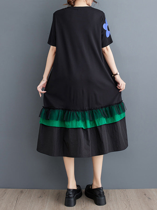 Floral Printed Split-Joint Loose Short Sleeves Round-neck Midi Dresses