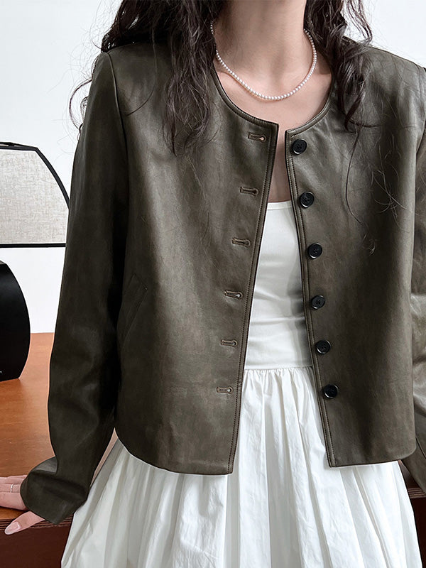 Buttoned Pockets Long Sleeves Loose Round-neck Jackets