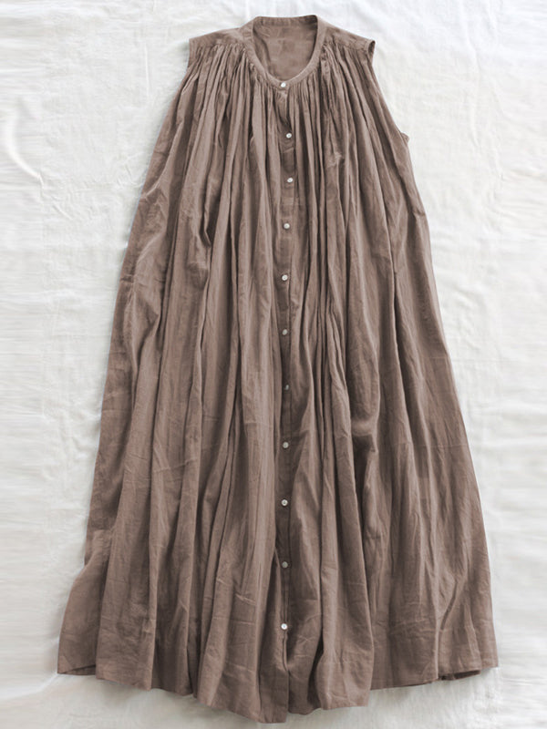 Pleated See-Through Loose Sleeveless Round-Neck Midi Dresses