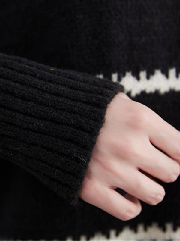 Casual Loose Long Sleeves Striped Round-Neck Sweater Tops