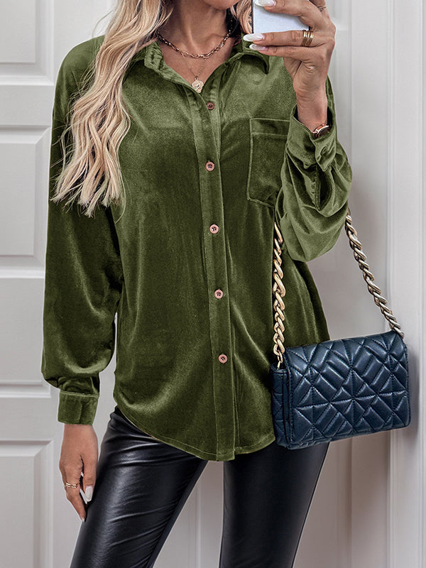 Buttoned Pockets Solid Color Split-Joint Velvet Long Sleeves Loose Lapel Blouses&Shirts Tops