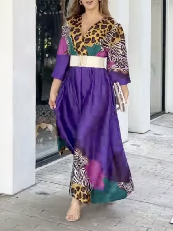 Leopard Long Sleeves Loose V-neck Maxi Dresses