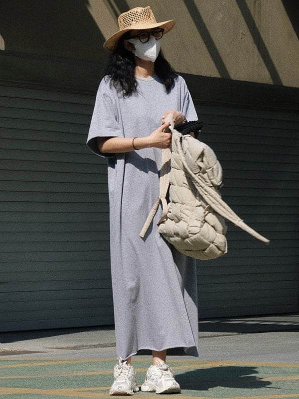 Casual Short Sleeves Solid Color Round-Neck Maxi Dress