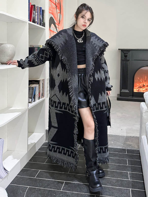 Contrast Color Geometric Split-Joint Tasseled Long Sleeves Loose Lapel Overcoat Outerwear