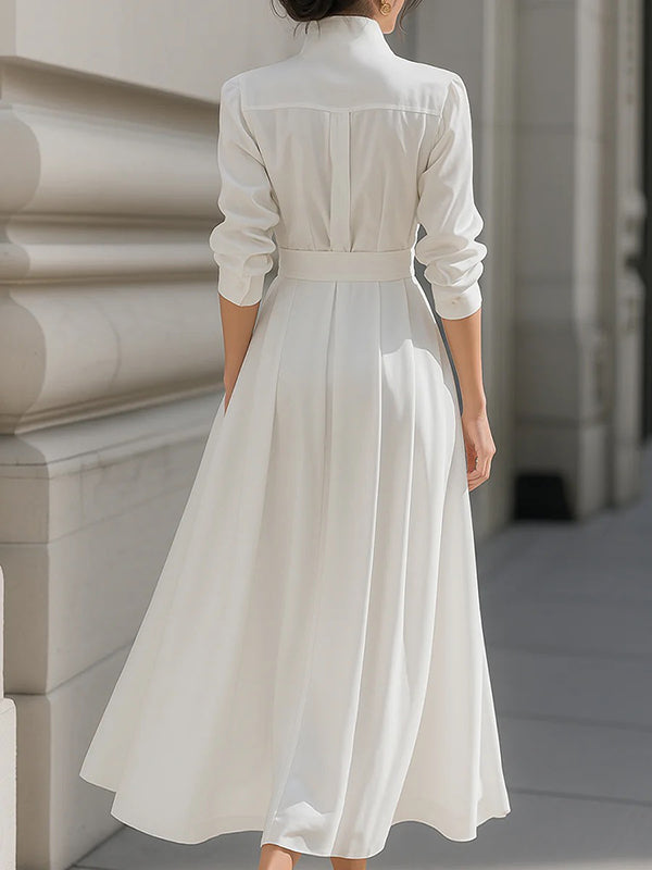 Long Sleeves Loose Belted Pockets Solid Color Stand Collar Maxi Dresses