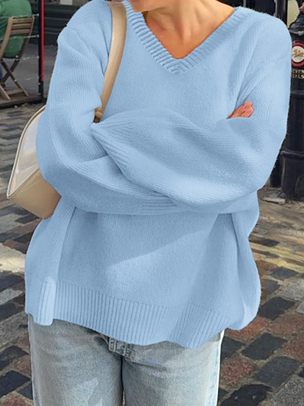 Ribs Solid Color Long Sleeves Loose V-Neck Sweater Tops
