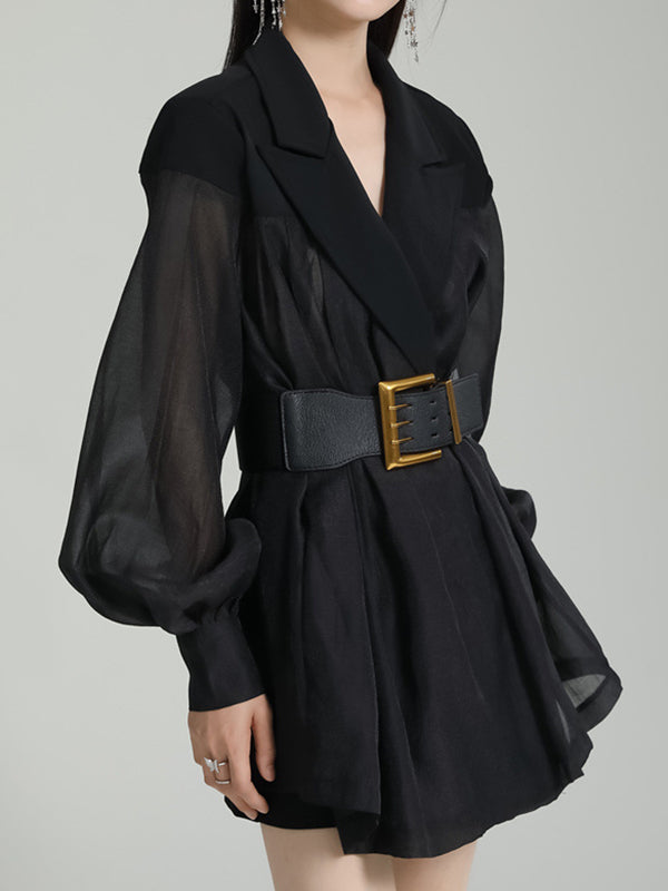 See-Through Split-Joint Tied Waist Loose Puff Sleeves Lapel Blouses&Shirts Tops