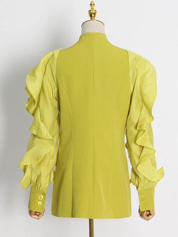 Buttoned Pockets Ruffled Split-Joint Long Sleeves Loose Notched Collar Outerwear Blazer