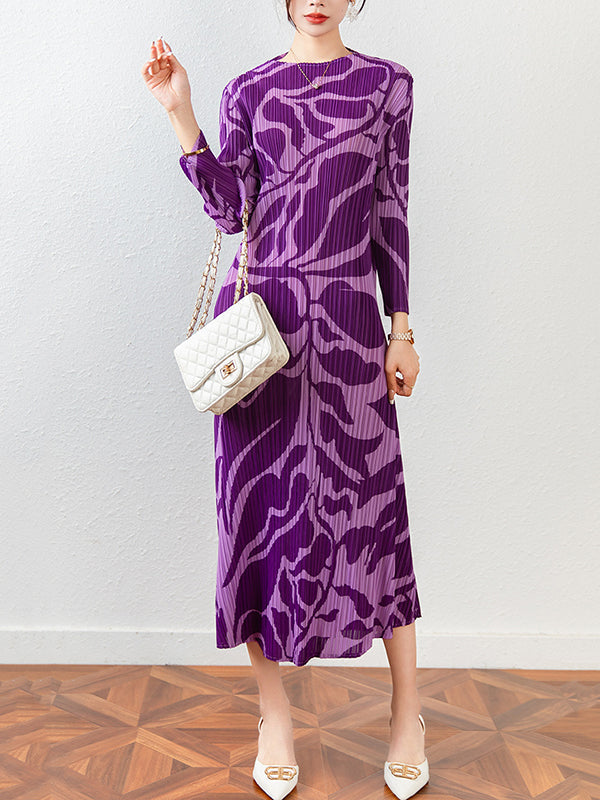 Floral Printed Pleated Long Sleeves Midi Dress