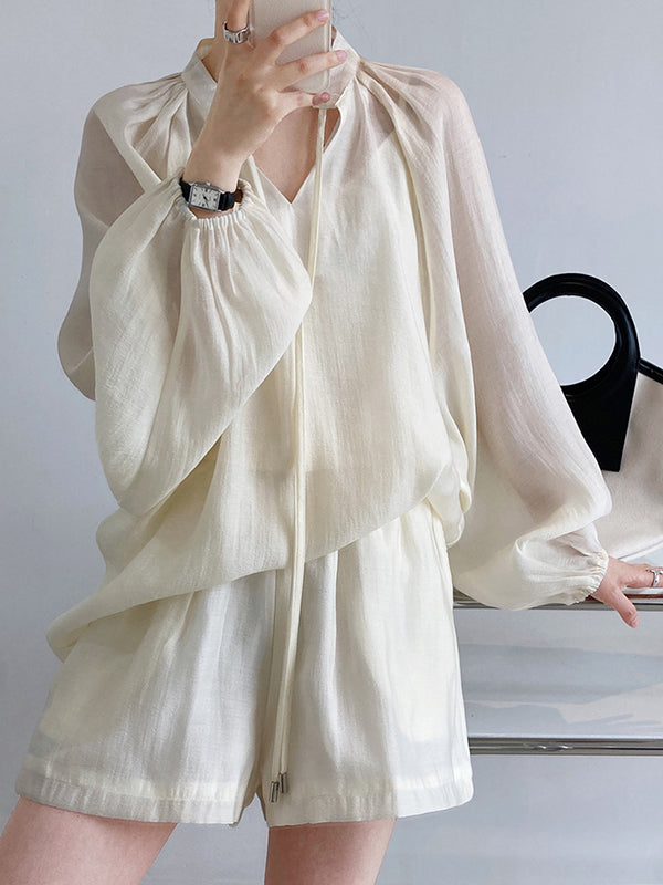 Casual Loose Solid Color Puff Sleeves Blouse&Wide Leg Shorts Two Pieces Set